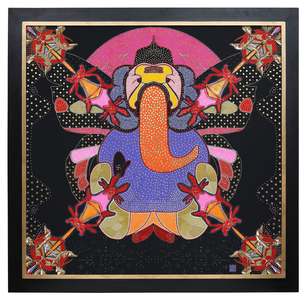 Sacred Offering: Ganesha hand-embroidered in bead, sequin and crystal work on a black cotton canvas ground