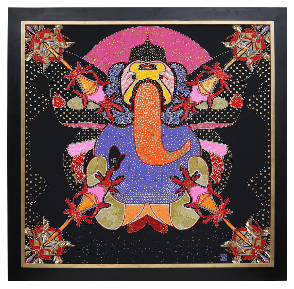 Sacred Offering: Ganesha hand-embroidered in bead, sequin and crystal work on a black cotton canvas ground