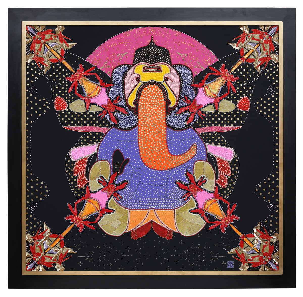 Sacred Offering: Ganesha hand-embroidered in bead, sequin and crystal work on a black cotton canvas ground