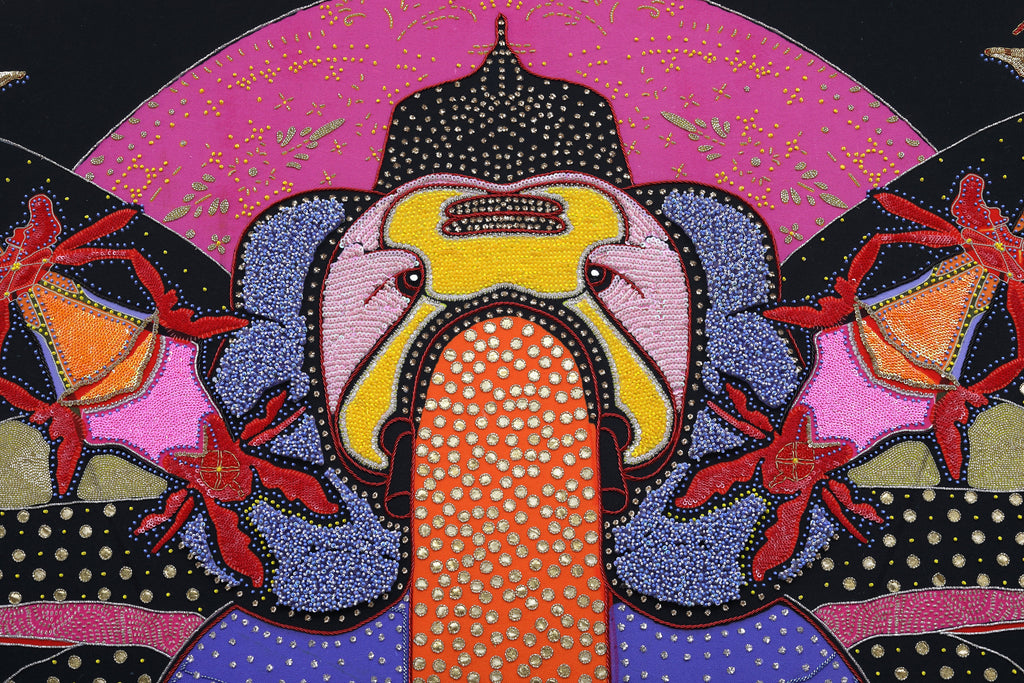 Sacred Offering (Black) detail: beaded trunk and crown against the dark ground