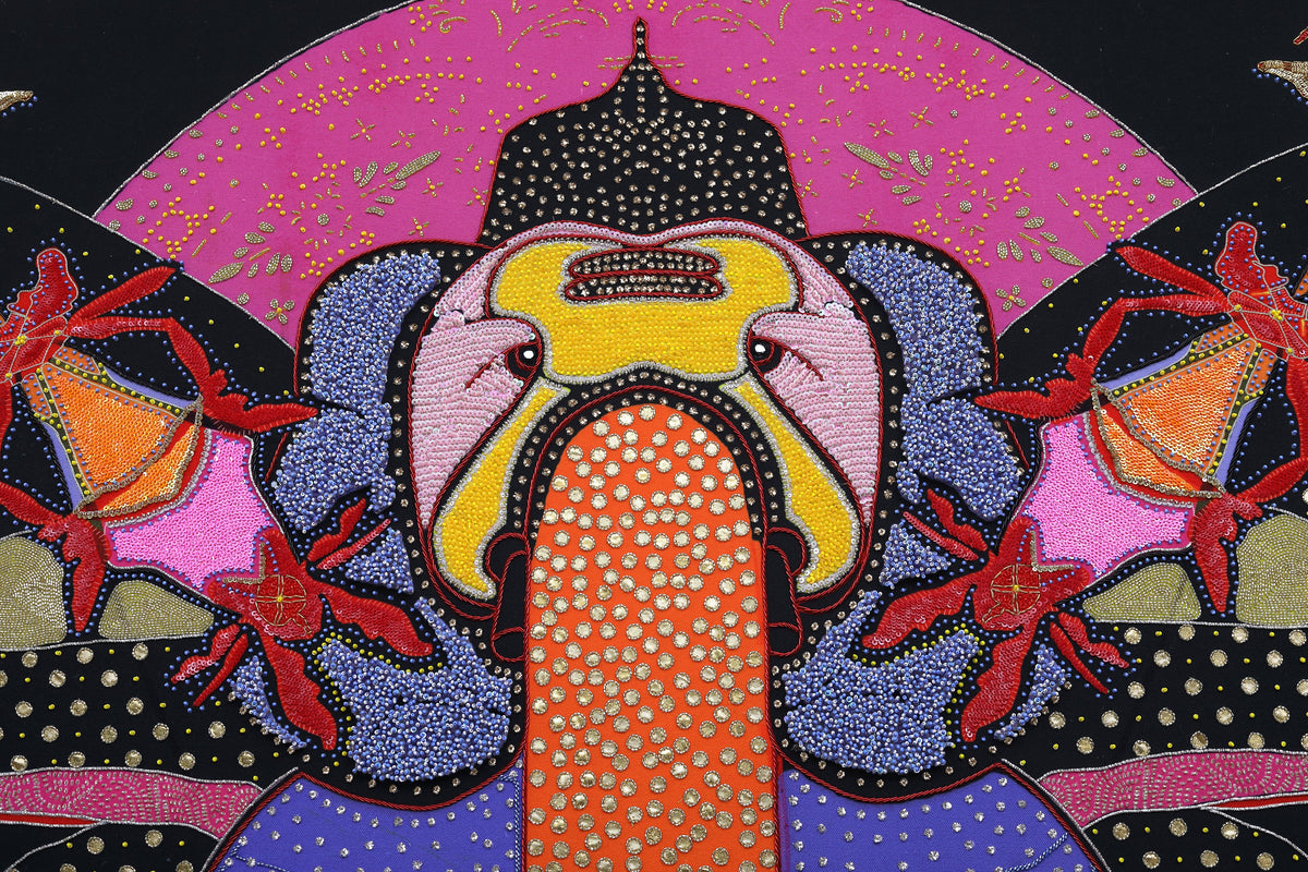 Sacred Offering (Black) detail: beaded trunk and crown against the dark ground