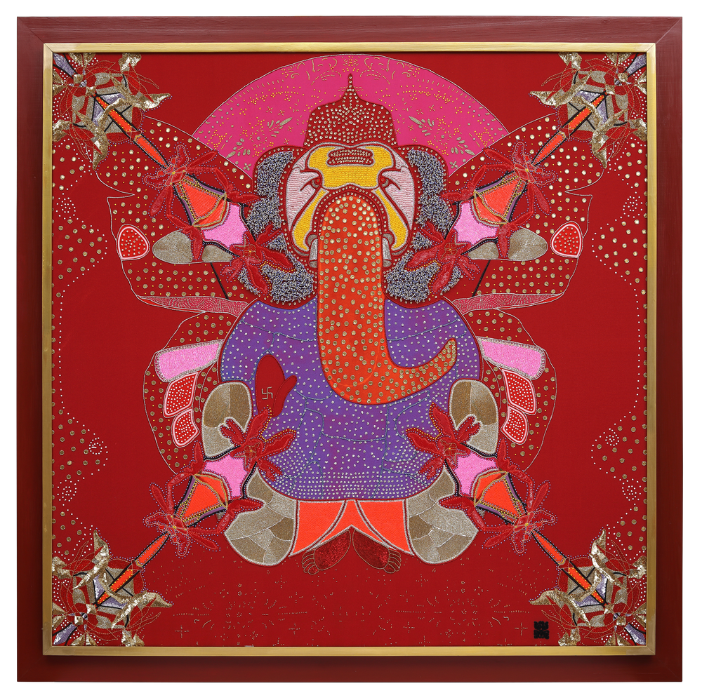 Sacred Offering: Ganesha hand-embroidered in bead, sequin and crystal work on a deep maroon cotton canvas ground