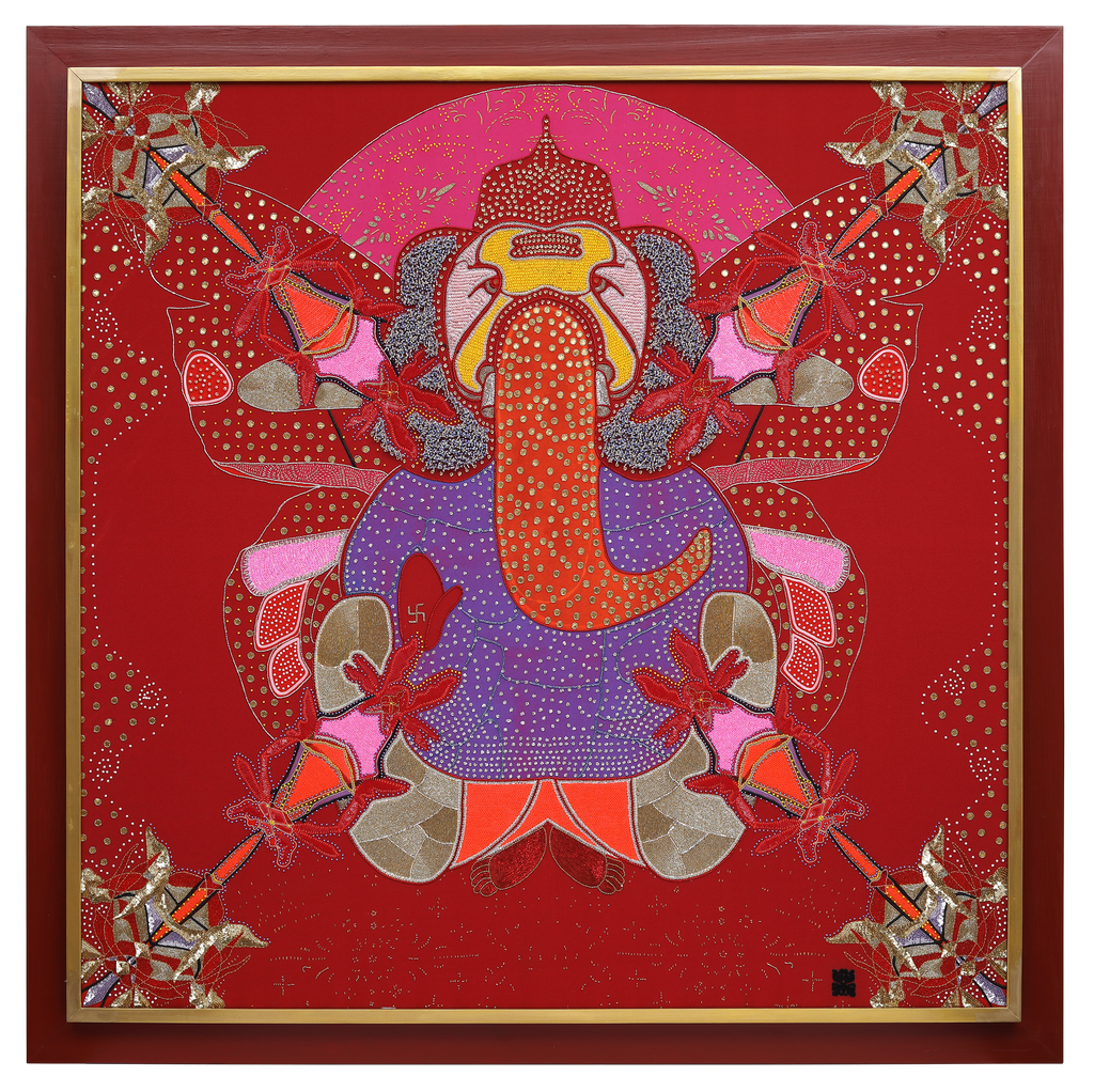 Sacred Offering: Ganesha hand-embroidered in bead, sequin and crystal work on a deep maroon cotton canvas ground