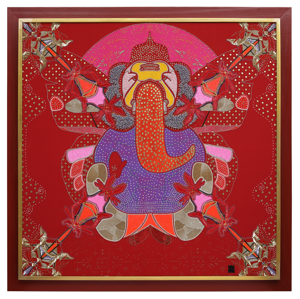 Sacred Offering: Ganesha hand-embroidered in bead, sequin and crystal work on a deep maroon cotton canvas ground